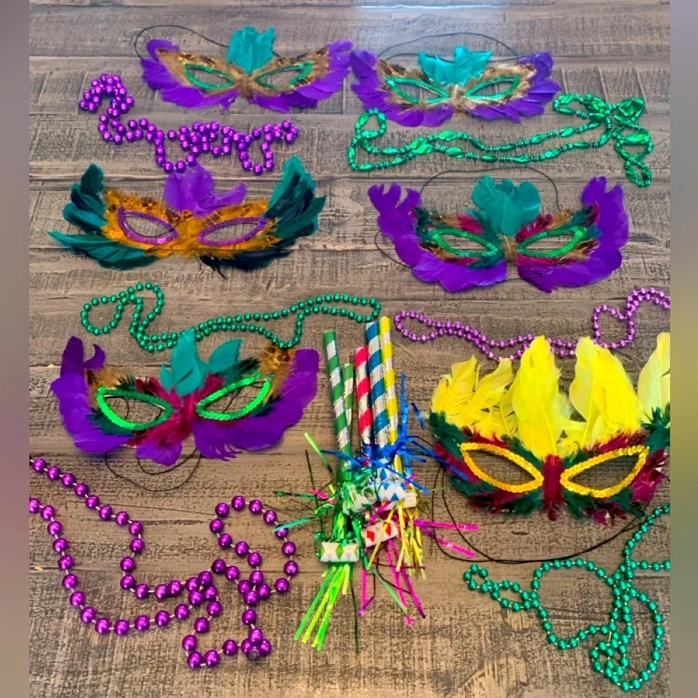 Mardi Gras Masks 6 Feather Sequin Elastic Band, 6 Bead Necklaces, Masquerade EUC